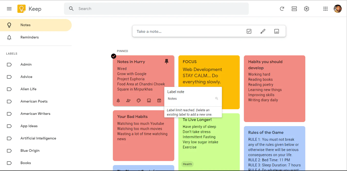 screenshot of Google Keep